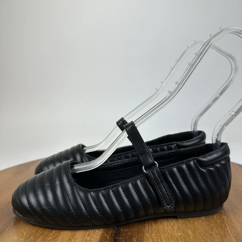New Big Kids Girls Nordstrom Jolie Black Faux Leather MaryJane Flats Size 3 Y